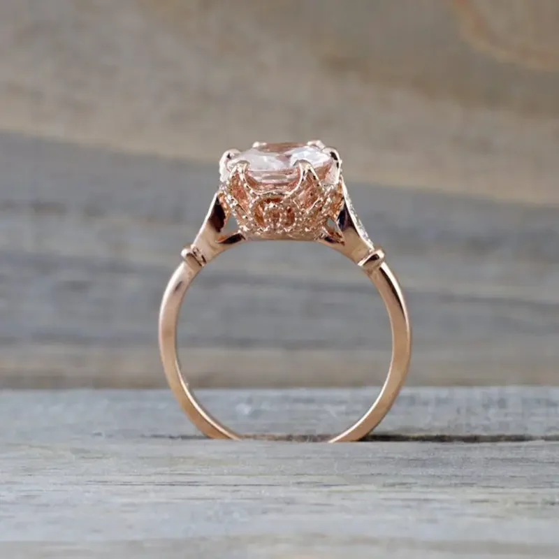 Solid 14k Rose Gold 7x9mm Oval Cut Natural Morganite Ring Real Diamonds Women Engagement Wedding Filligree Ring