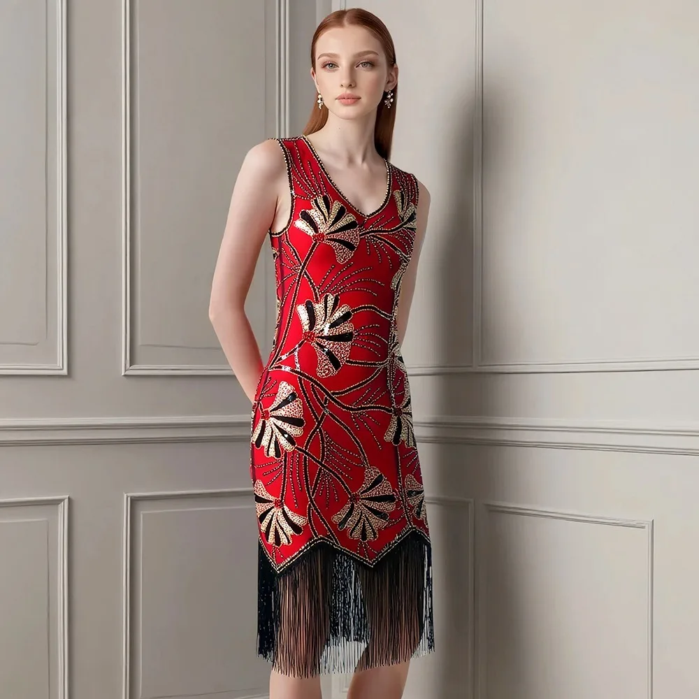 1920s Vintage Sequin Flapper Dress - Fringed Latin Dance Gown for Ballroom Parties, Stage Performances & Formal Gatherings