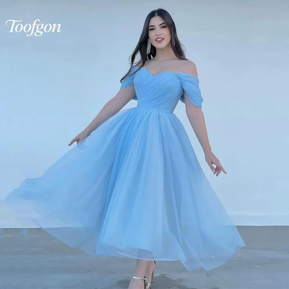 Toofgon-vestidos de graduación con hombros descubiertos, vestido de fiesta de noche de tul azul, línea A, corsé en la espalda, vestidos elegantes de fiesta personalizados