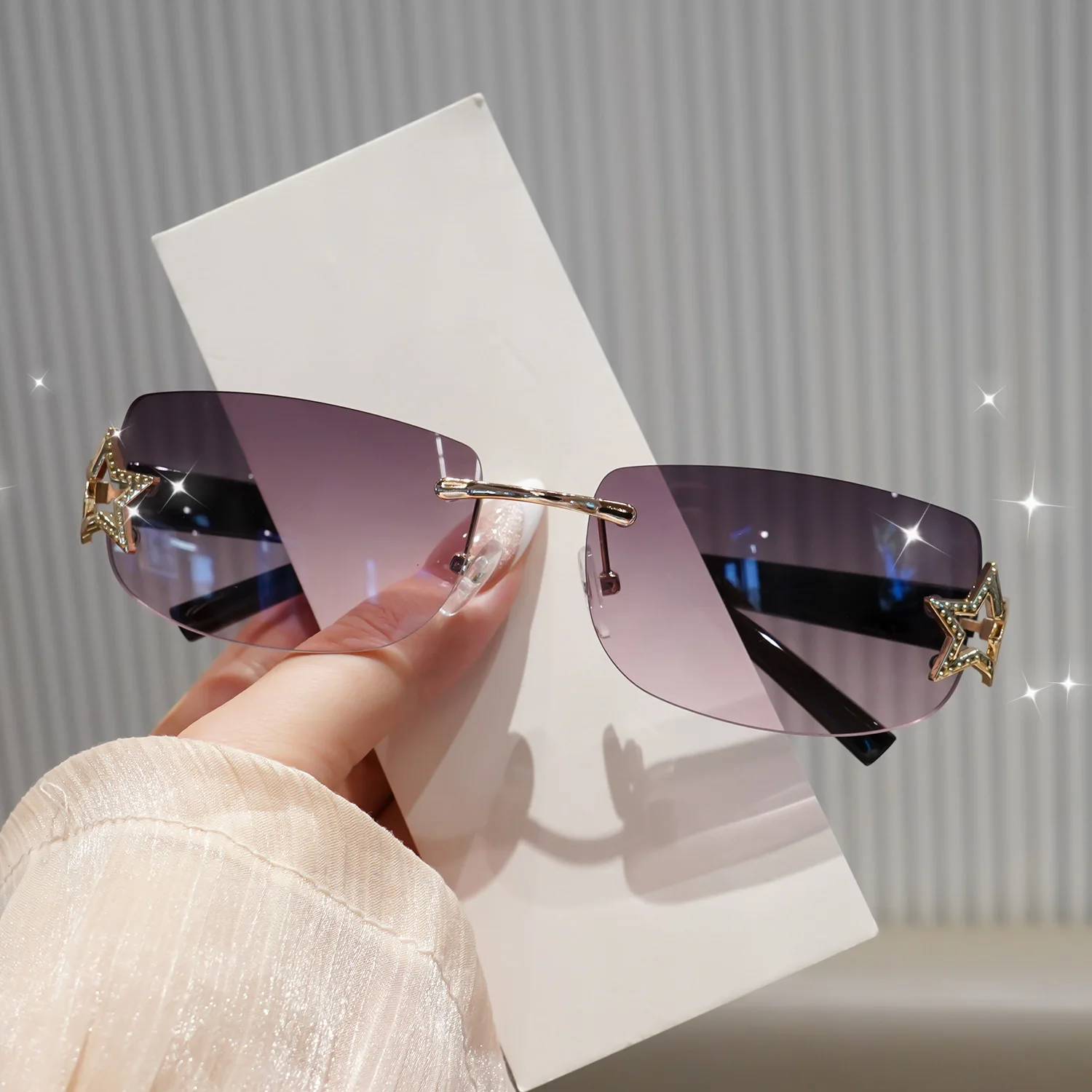 Women Sunglasses Square Sun Glasses Rimless Fashion Glasses Y2K Star Rhinestone Oval Shades UV400 Protection Sunnies for Beach view 4
