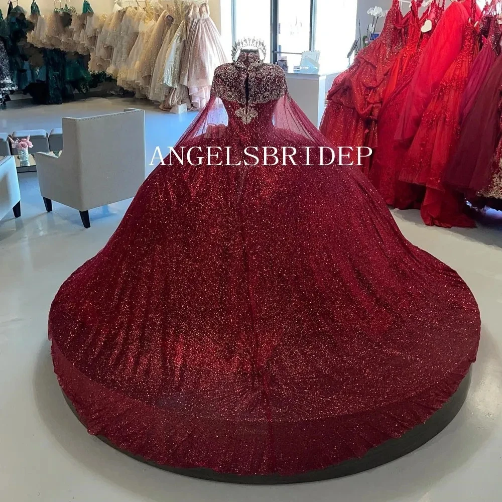 Angelsbridep borgonha vestidos quinceanera com capa vestido de baile apliques festa de aniversário princesa doce 16 vestido personalizado