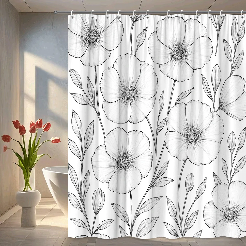 Black White Floral Sketch Shower Curtain Machine Washable All Season Waterproof Privacy Protection Line Art Design Minimalist