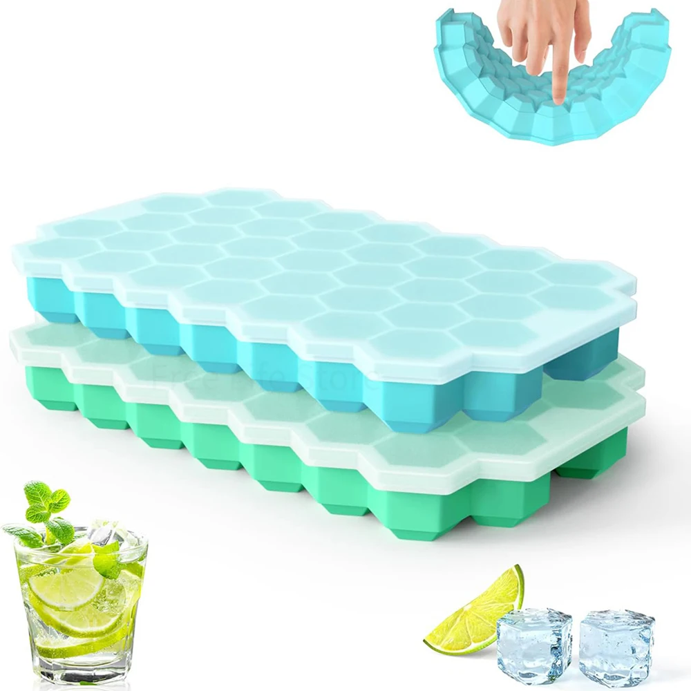 1PC Ice Cube Tray Silicone Flexible 37 Cubes Ice Trays Freezer With Lid for Chilled Drinks Whiskey Cocktails Kitchen Accessories