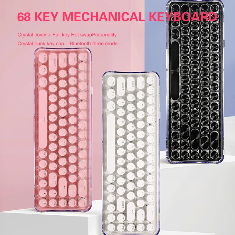 K68 Transparent Hot-Swappable Mechanical Keyboard Three Mode 2.4G Wireless Bluetooth Wired Keyboard Crystal Backlit Keyboard