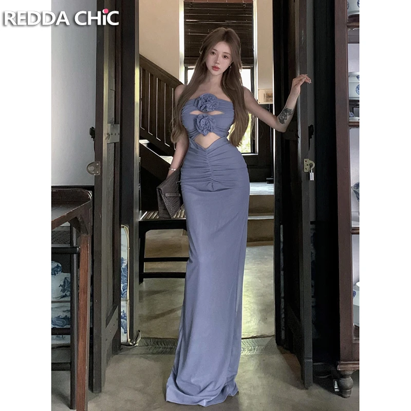 Reddachic feminino espartilho corte vestido de verão sólido 3d floral apliques sem alças espartilho ruched bodycon tubo vestido casual beachwear