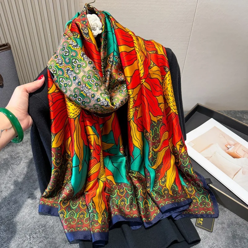 Luxus-Druck-Seidenschal für Damen, 180 x 90 cm, Design, Polyester-Material, glatter langer Schal, Frühling und Herbst, weicher Schal, Strandschal