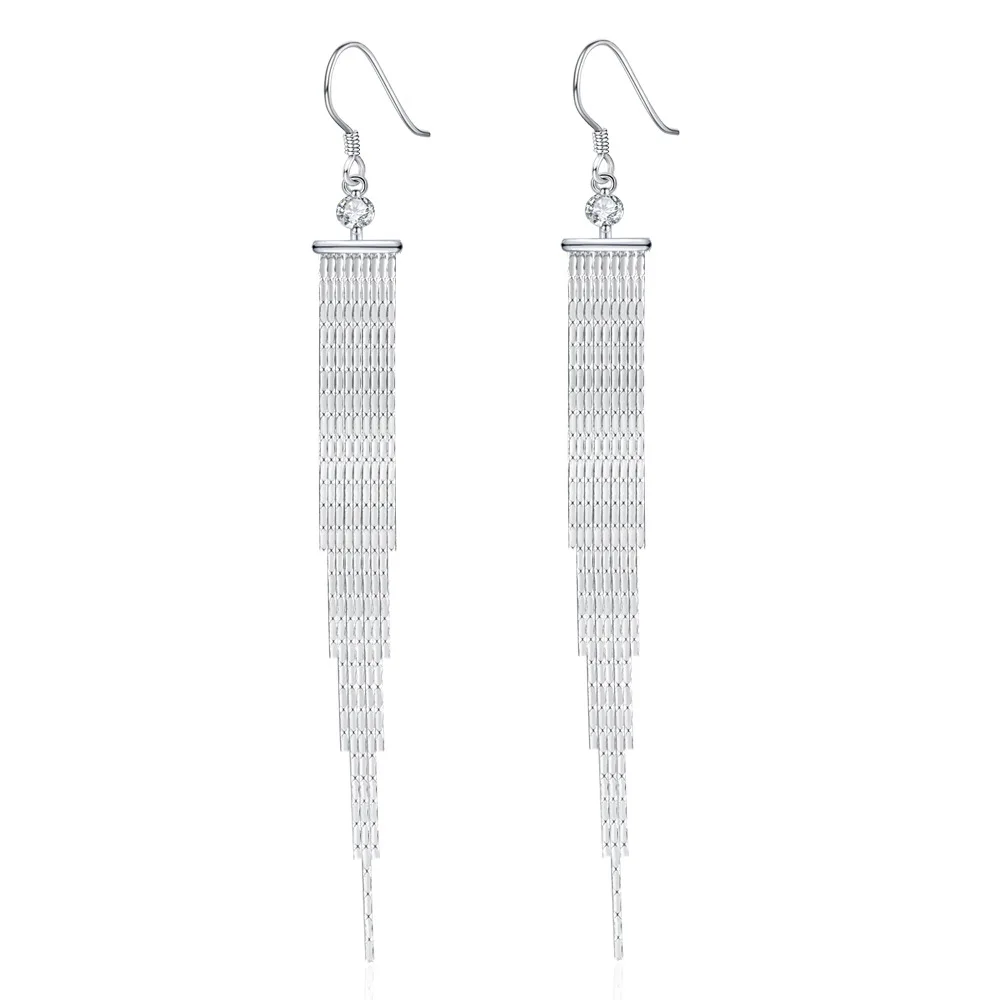 925 Sterling Silver Earrings Vintage Fringe Zircons Earrings Ladies Fashion Simple Birthday Wedding Anniversary Jewelry Gift