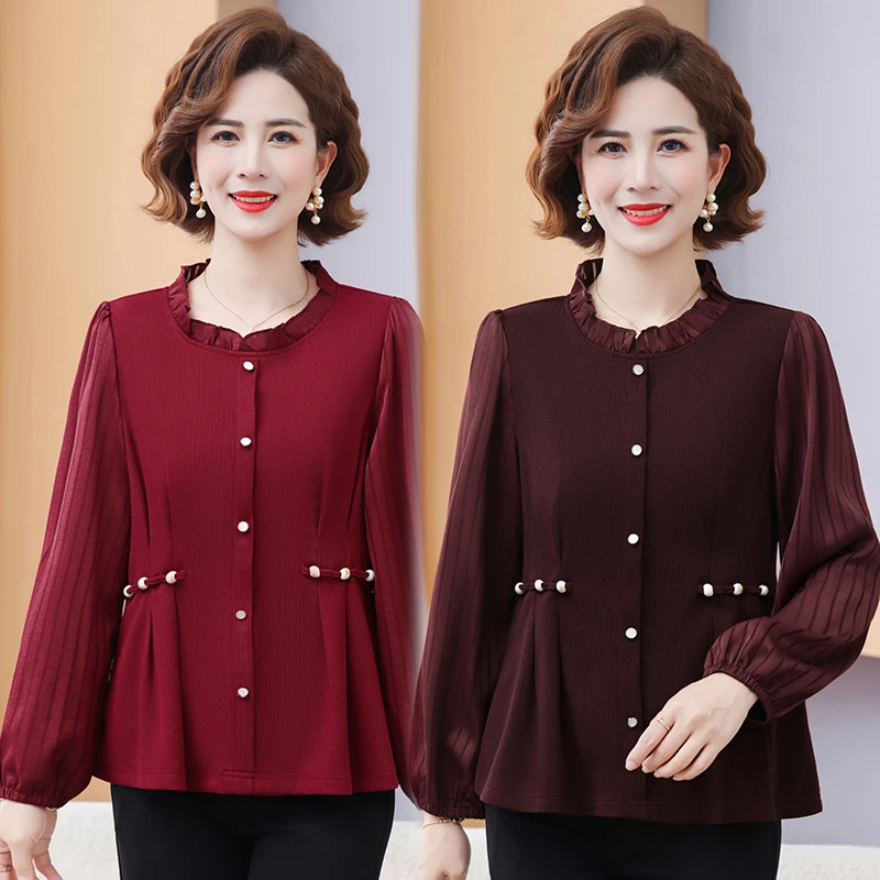 

Женская футболка больших размеров 8XL, осенняя модная однотонная футболка с круглым вырезом и длинным рукавом, женская свободная рубашка в европейском стиле на пуговицах