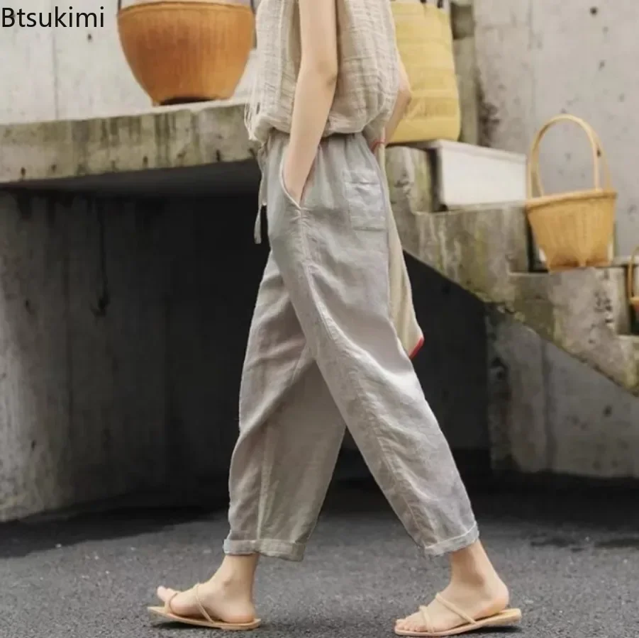 2024 Solid Cotton Linen Loose Casual Trousers Women's Simple Drawstring Pockets Straight Leg Pants Women Sweatpants Basic Pants