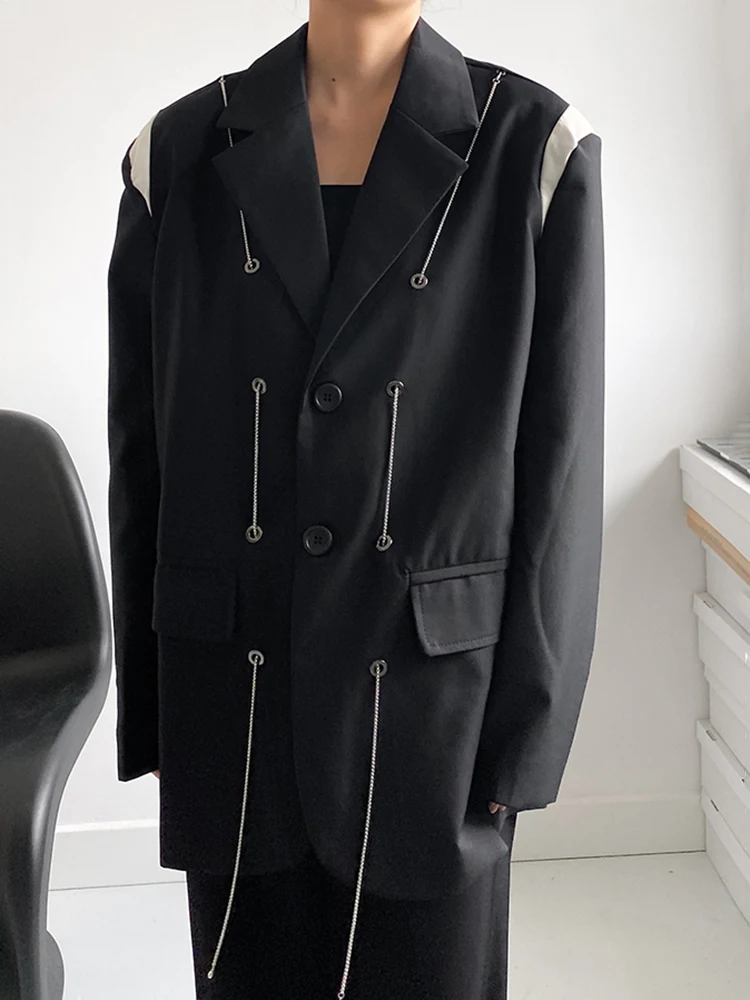 [EAM] Women Black Color-block Chain Big Size Blazer New Lapel Long Sleeve Loose Fit Jacket Fashion Spring Autumn 2024 1DH0427