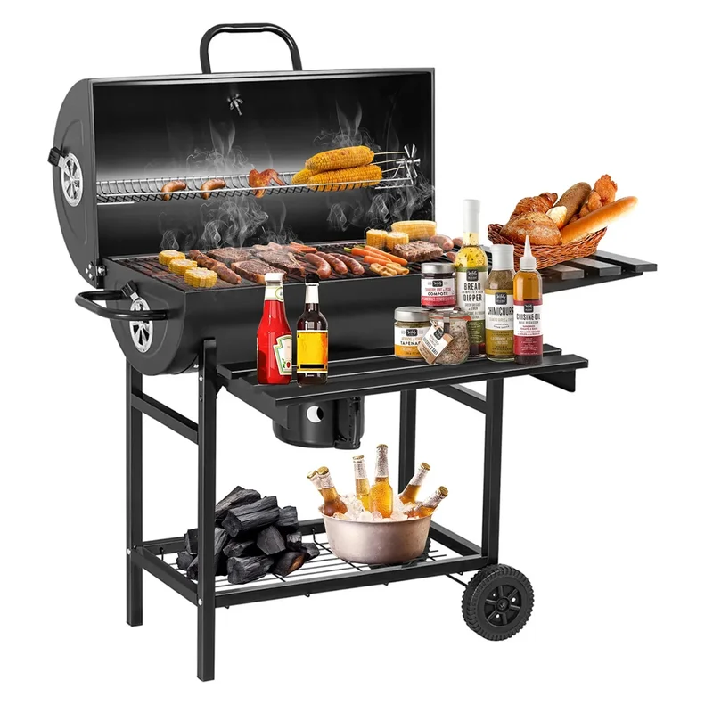 Barbecue Grill Portable Charcoal Grill with 2 Foldable Side Tables,