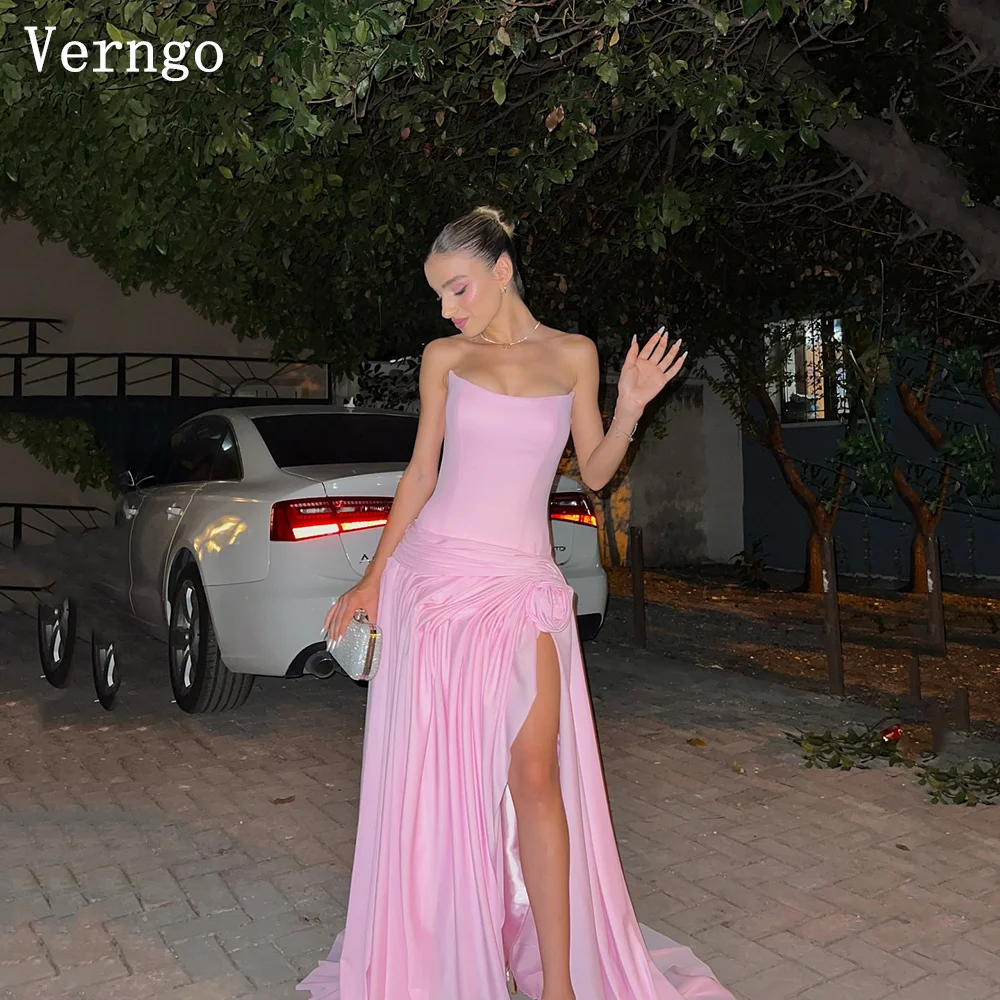 

Verngo Pink Chiffon Evening Dress Strapless A Line Pleated Side Slit Formal Occasion Dress Women Elegant Prom Gowns Customized