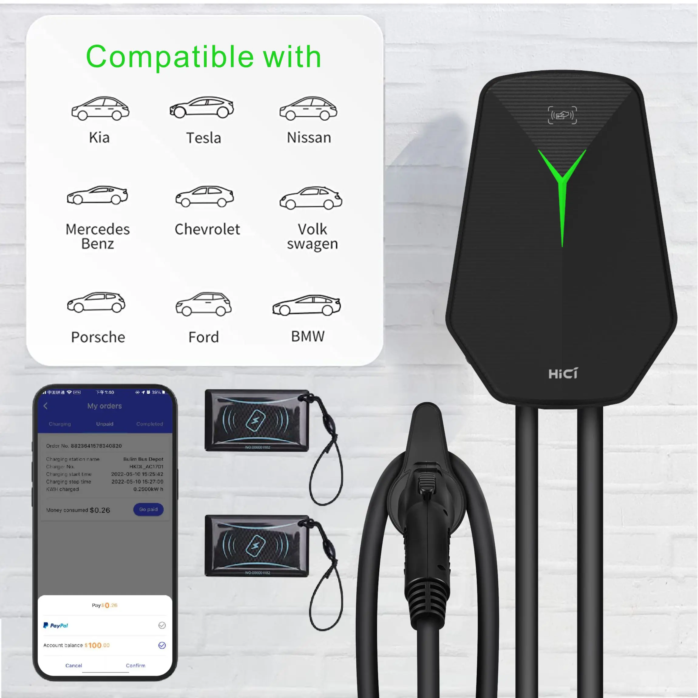 HICI 7KW 11KW 22KW Wallbox Type 2 EV Wall Charger 32A 400V AC Charger Station Charging Point for Home Use Charger