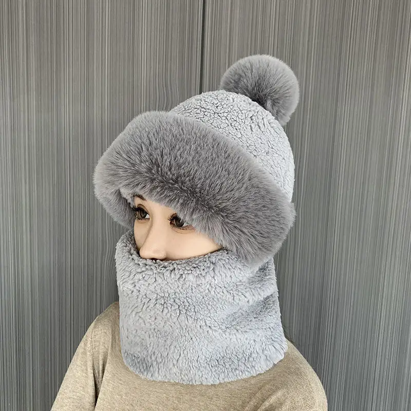 Women Winter Beanie Hats One-Piece Fleece Lined Knit Balaclavas Mask Set Skull Neck Circle Scarf Ski Snow Hat Cap with Pompom view 4