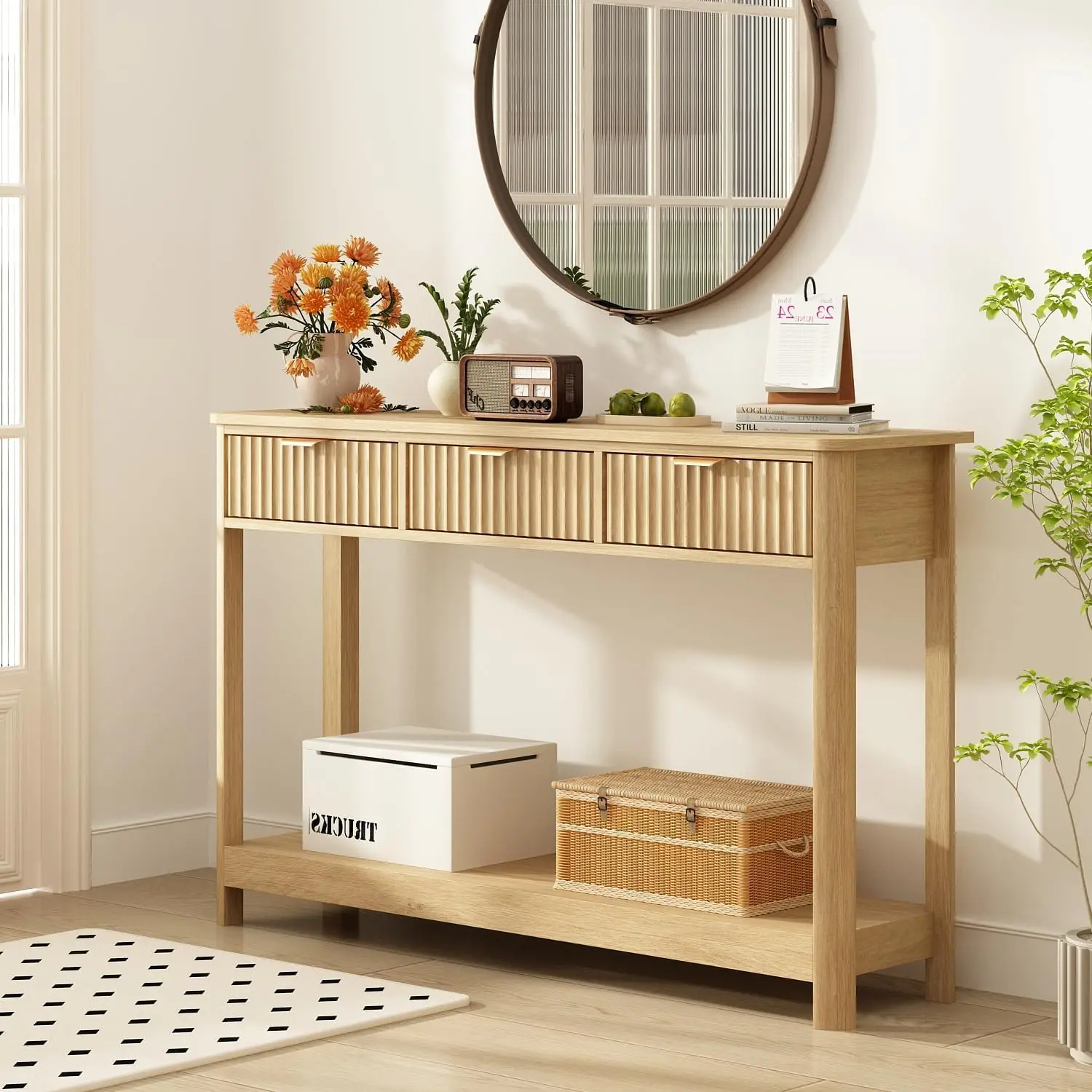 Fluted Wood Console Table with 3 Drawers, Boho Narrow Behind Couch Entryway Table with Open Storage Shelf, Modern Sofa Table for