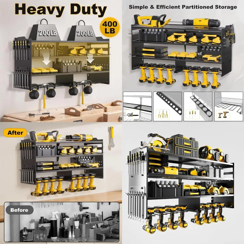 

Heavy-Duty 4-Tier Metal Tool Rack, Holds 8 Drills, 400lbs Capacity, Black Wall Mount Organizer for Garage or Workshop
