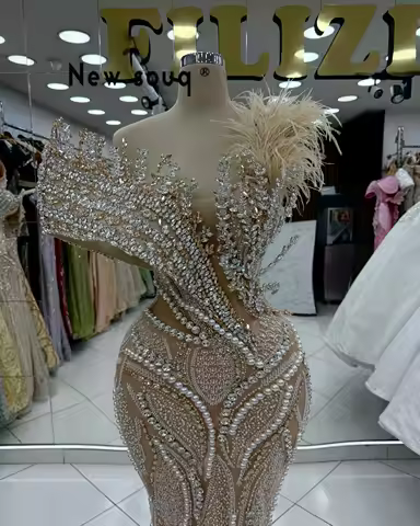 Champagne Feathers Celebrity Dresses Luxurious Beaded Crystals Evening Dresses Birthday Party Engagement Dress Customized 2025