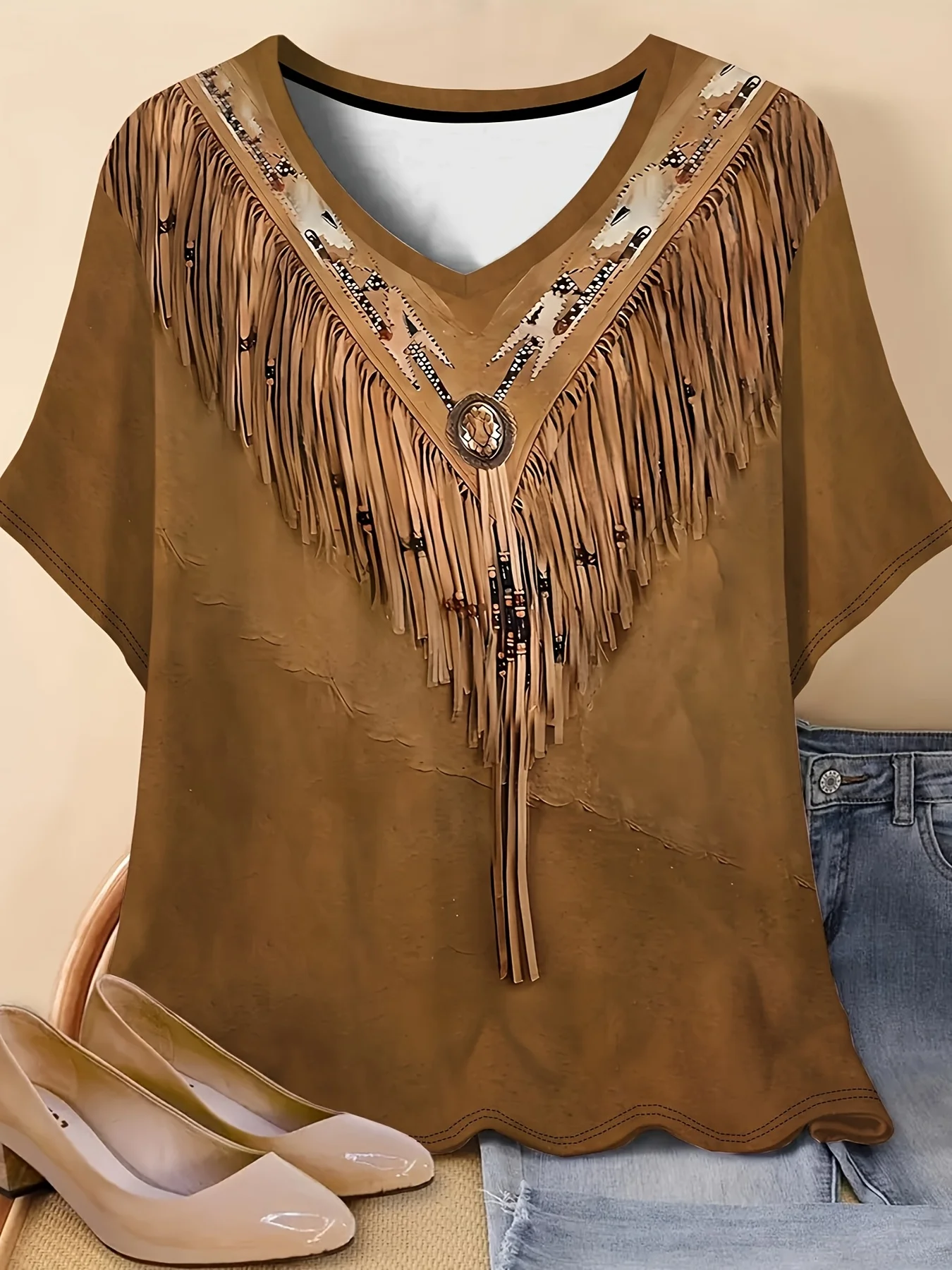 Women V‑Neck Short Sleeve T‑Shirt Western Faux Fringe Beaded Ethnic Geometric Print Vintage Washed Casual Ladies Tee Tops