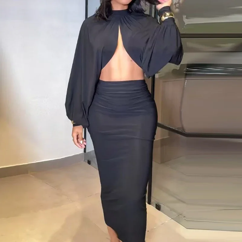 

Solid Skinny Two Piece Outfit Fashion Party Club Temperament Suit Sexy Open Slit Blouse Top&High Waist Bodycon Skirt Set Elegant