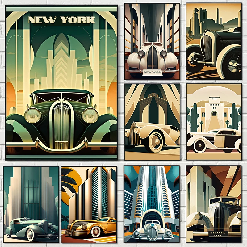 Vintage City Car Art Decor Wall Poster 1920s 1930s Art Print Canvas Painting New York Art Prints Canvas Painting Bedroom Decor