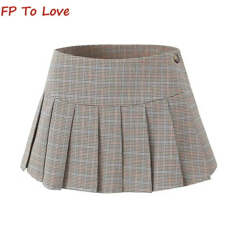 

Y2K Spice Girls Sexy Grey Side One Button Mini Black Skirt Women's A-Line Plaid Pleated Skirts