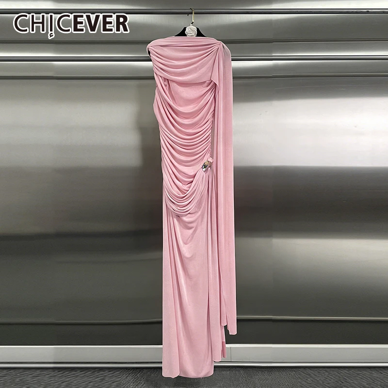 CHICEVER Solid Spliced Folds Dress Female O Neck Long Sleeve Slimming Elegant Intellectual Women's Dresses Summer Fashion New