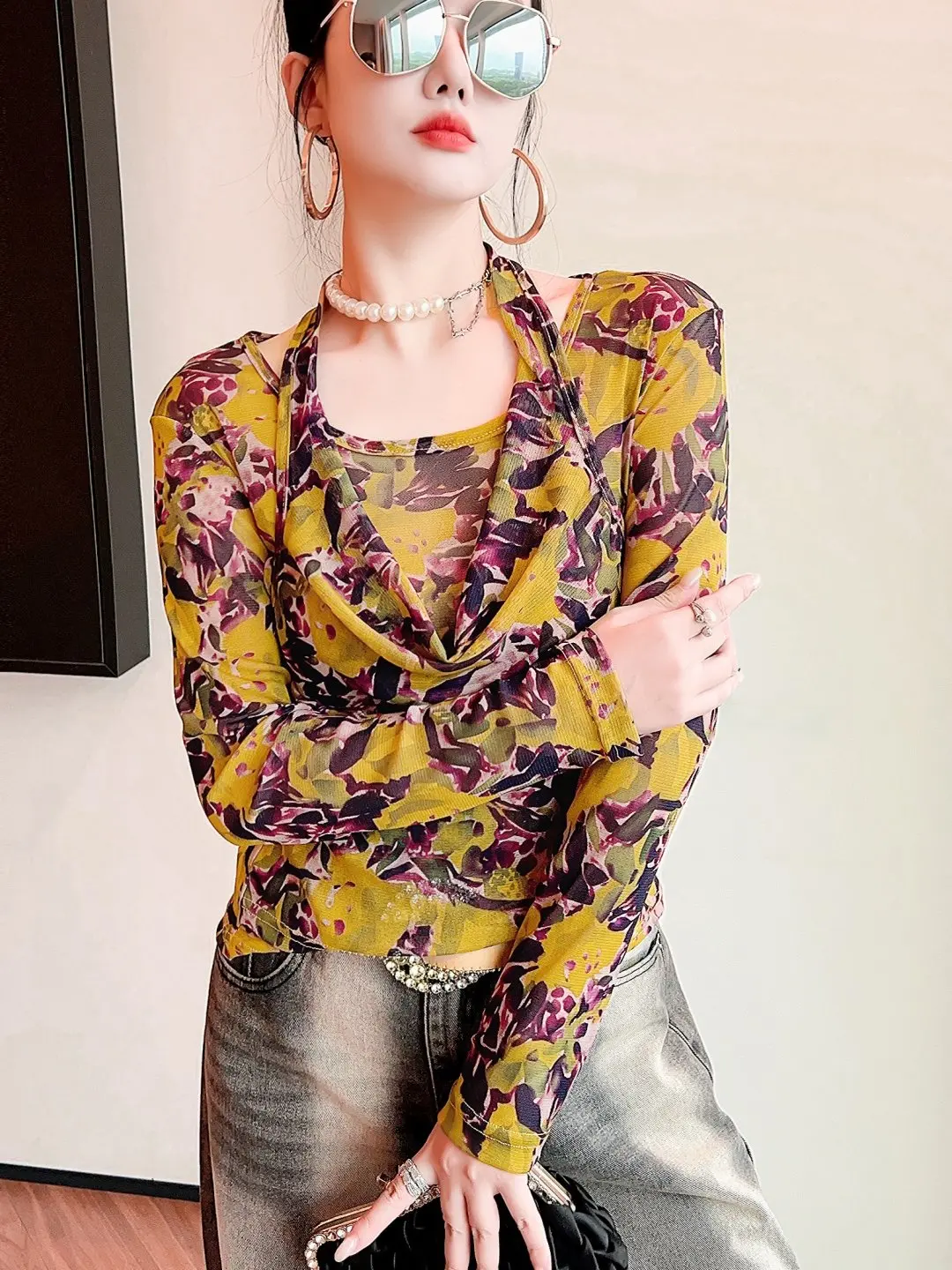 Sexy Long Sleeve T-Shirt Women's Spring Autumn Fashion Leopard Print Mesh Top Slimming Base Shirt Hang Neck Swing Collar