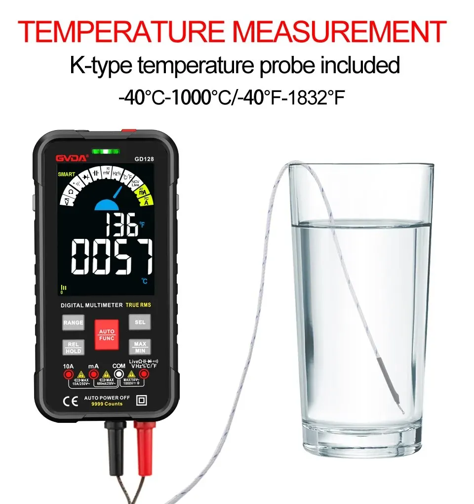 GVDA New 9999 Counts Digital Multimeter Smart Auto Range 1000V 10A Tester Meter Ohm Hz Capacitance REL True RMS AC DC DMM GD128