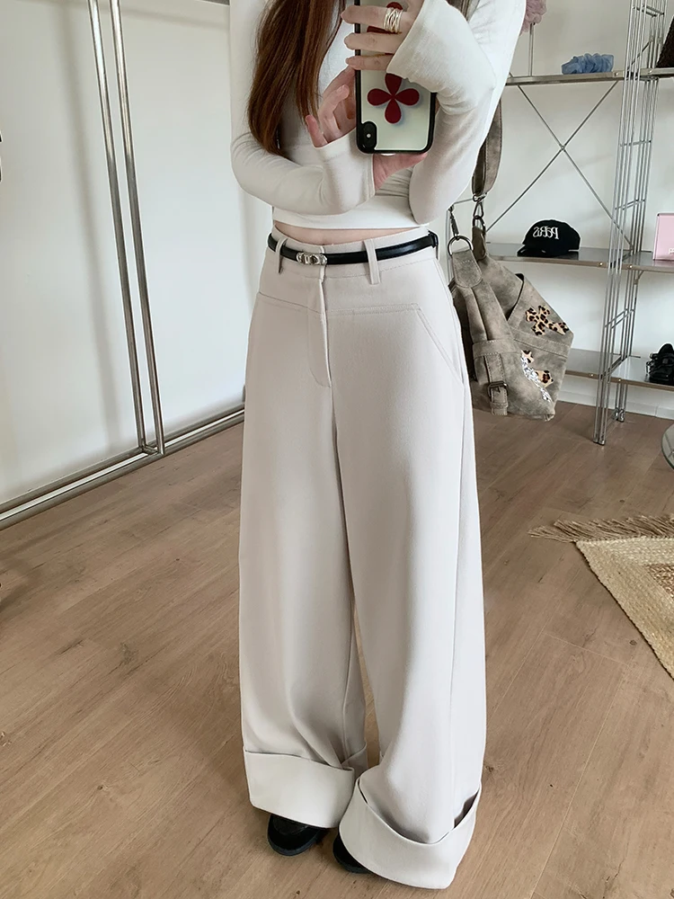 

Женские осенне-зимние элегантные широкие брюки из смесовой шерсти с закатанными краями, женская уличная одежда, свободные брюки полной длины с высокой талией