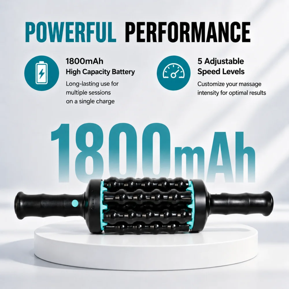 Rechargeable Rolling Percussive Massager Deep Tissue Muscle 5-Speed Massaging Roller with Hands-Free Base for Back Leg Foot Calf