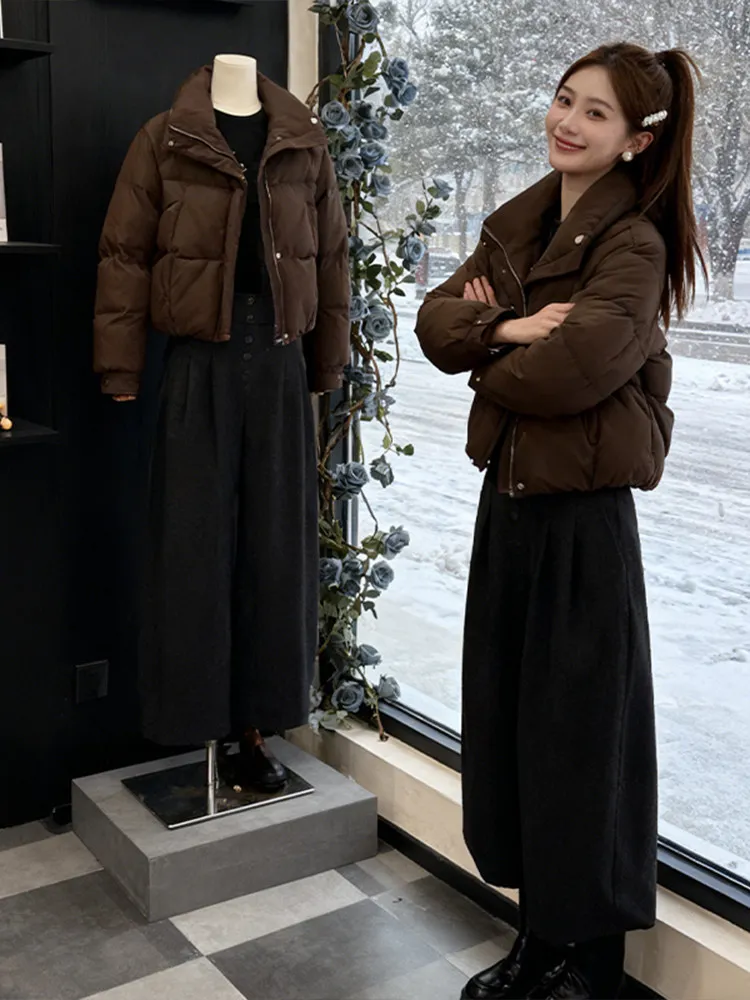

Faionable Thiened Warm Women's down Cotton Jaet And Casual Wide Leg Pants Two-Piece Set Spring Autumn Winter Casual Wear