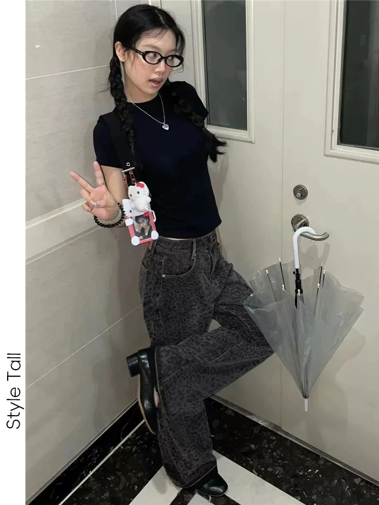 

Прямые джинсы с леопардовым принтом в американском стиле, женские утягивающие широкие брюки длиной до пола с низкой талией и низкой талией