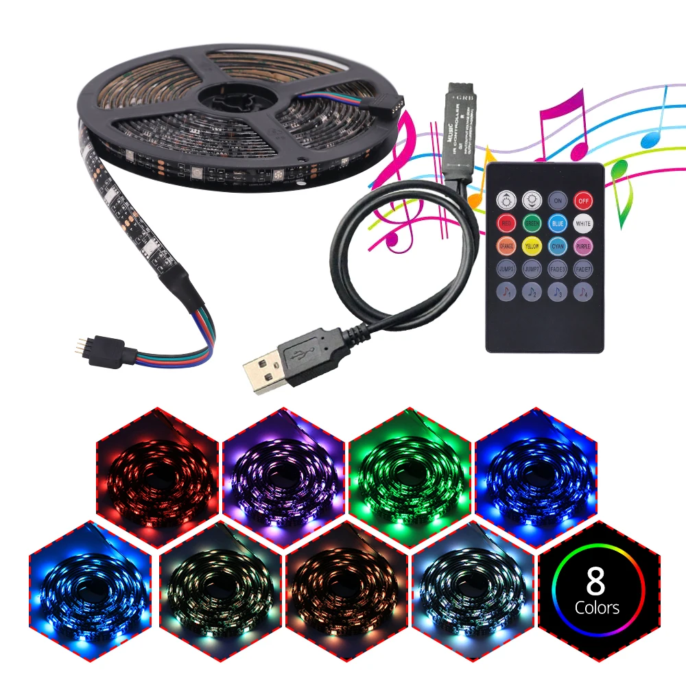 DC 5V 5050 LED Strip Light RGB 30LEDs/M Waterproof Flexible Ribbon Music Controller 20Keys Remote Color Lighting For TV Bedroom