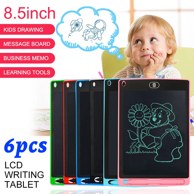 6 buah Set pembelajaran 8.5 inci LCD papan gambar menulis Tablet Digit ajaib papan tulis seni alat melukis anak mainan otak permainan hadiah