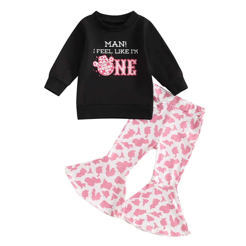 Baby Girls Birthday Pant Set Letter Print Long Sleeve Tops Cow Print Long Flare Pants Outfits