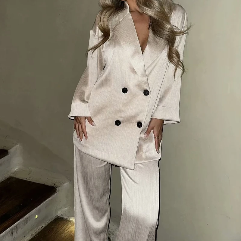 YENKYE New Women Elegant Casual Solid Double-breasted Blazer Lapel Collar Long Sleeve Autumn Loose Outerwear