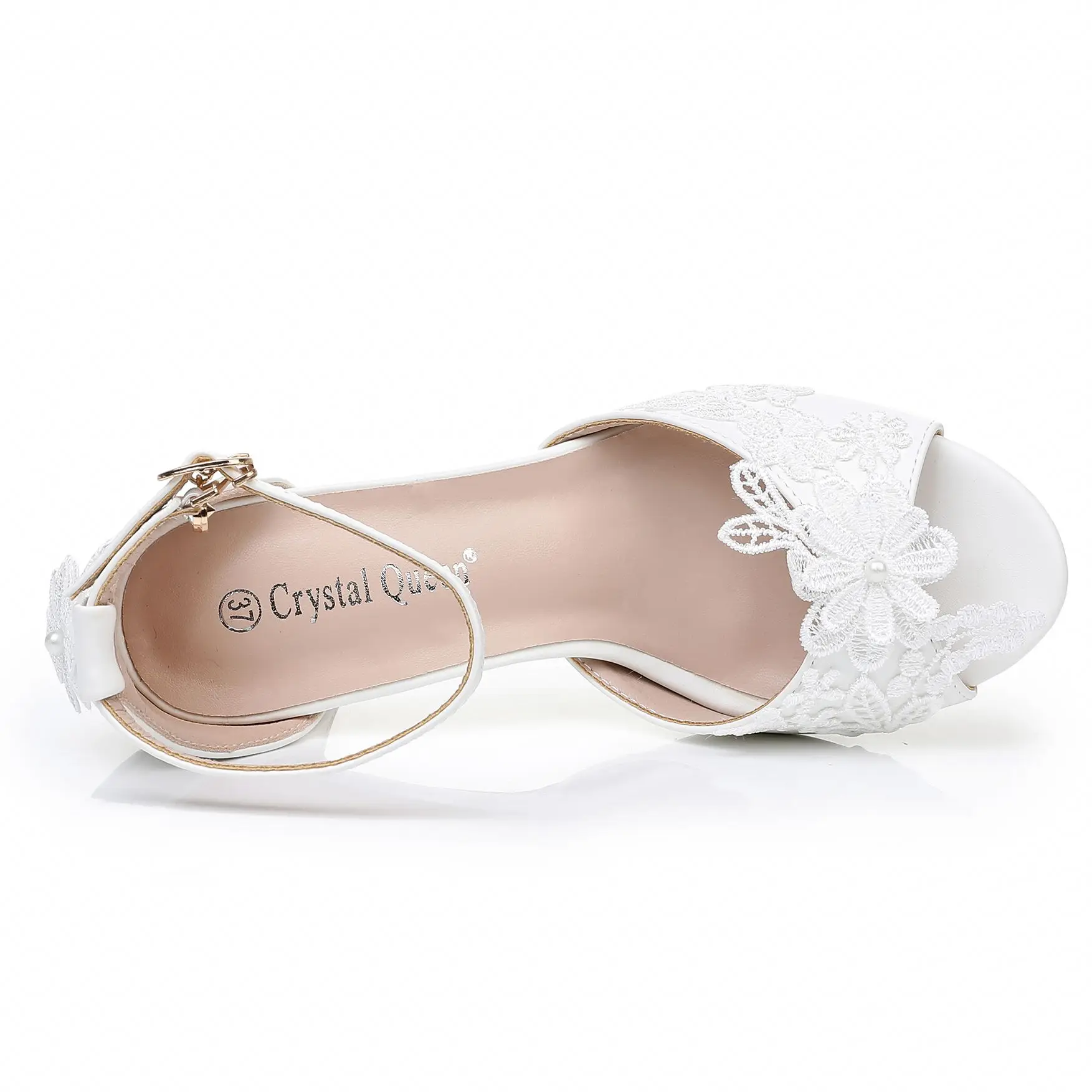 Crystal Queen 7CM White Lace Pearl Ribbon Square Heel High Heels Women Open Toe Sandals Banquet Dress Wedding Shoes