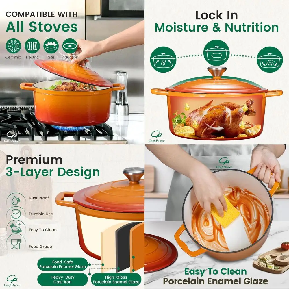 

Чугунная эмалированная кастрюля-духовка на 5 кварт (4,7 л) – для выпечки хлеба, тушения, запекания, жарки, подходит для использования в духовке – с градиентным оранжевым покрытием