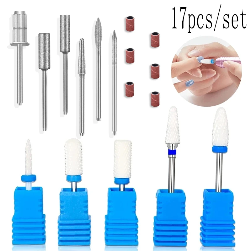 17 Teile/satz Nagel Bohrer Maschine Bits Nagel Gel Entfernung Polieren Werkzeuge Pediküre Maniküre Rotary Schleifen Puffer Polierer Zubehör