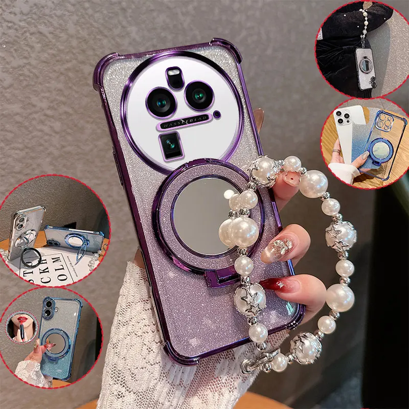 Coque de téléphone avec support miroir pour rouge à lèvres, effet brillant, pour Oppo Find X6 Pro X6Pro Findx6, avec chaîne de perles, anti-chute, résistante aux chocs