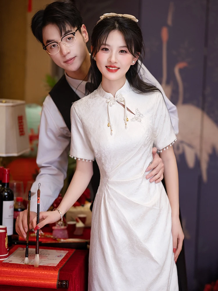 

White Engagement Wedding Dr New Chinese Sle Registry Office Ceremony ort Sve mid Waist Fit for Par