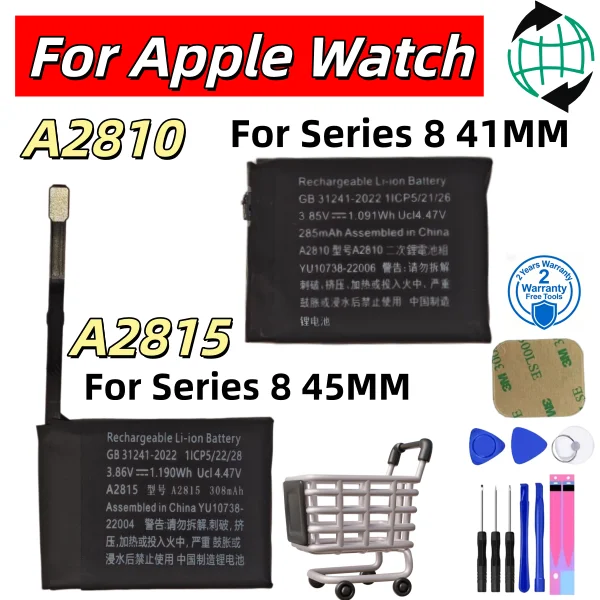 2026 New A2810 A2815 Replacement Battery For Apple Watch Series 8 S8 41mm 45mm GPS Cellular Li-Polymer Battery With Repair Kit