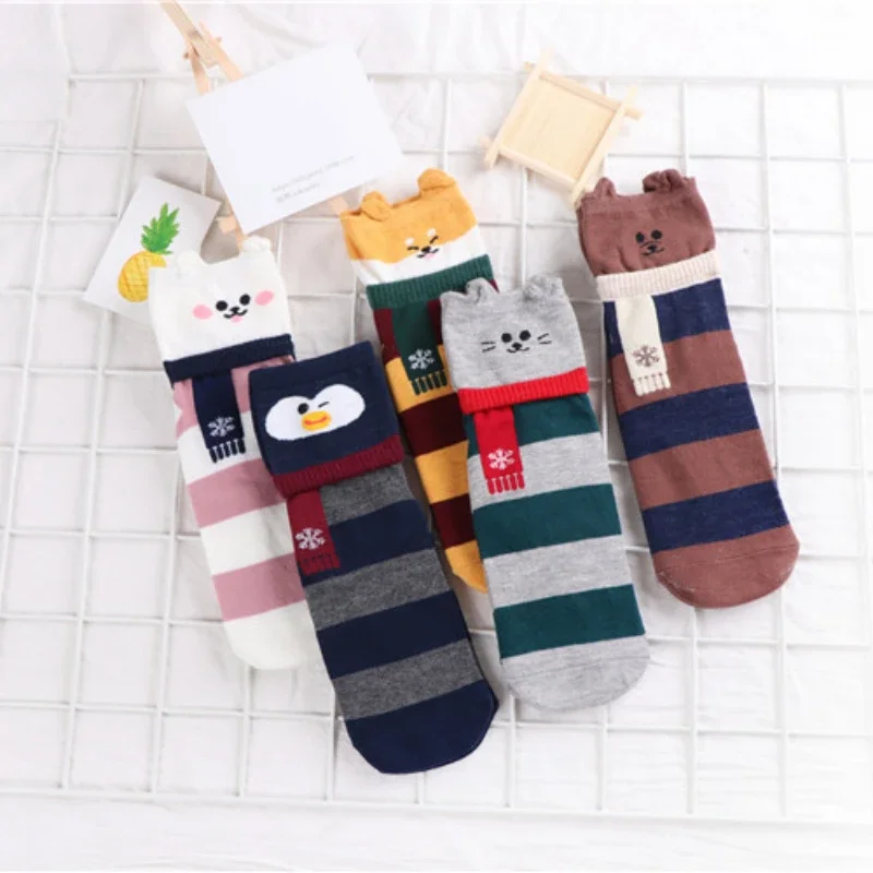 

1pair Female New Striped Medium Length Socks Women Cotton Casual Wide Striped Socks Cartoon Animal Scarves Straight Board Socks