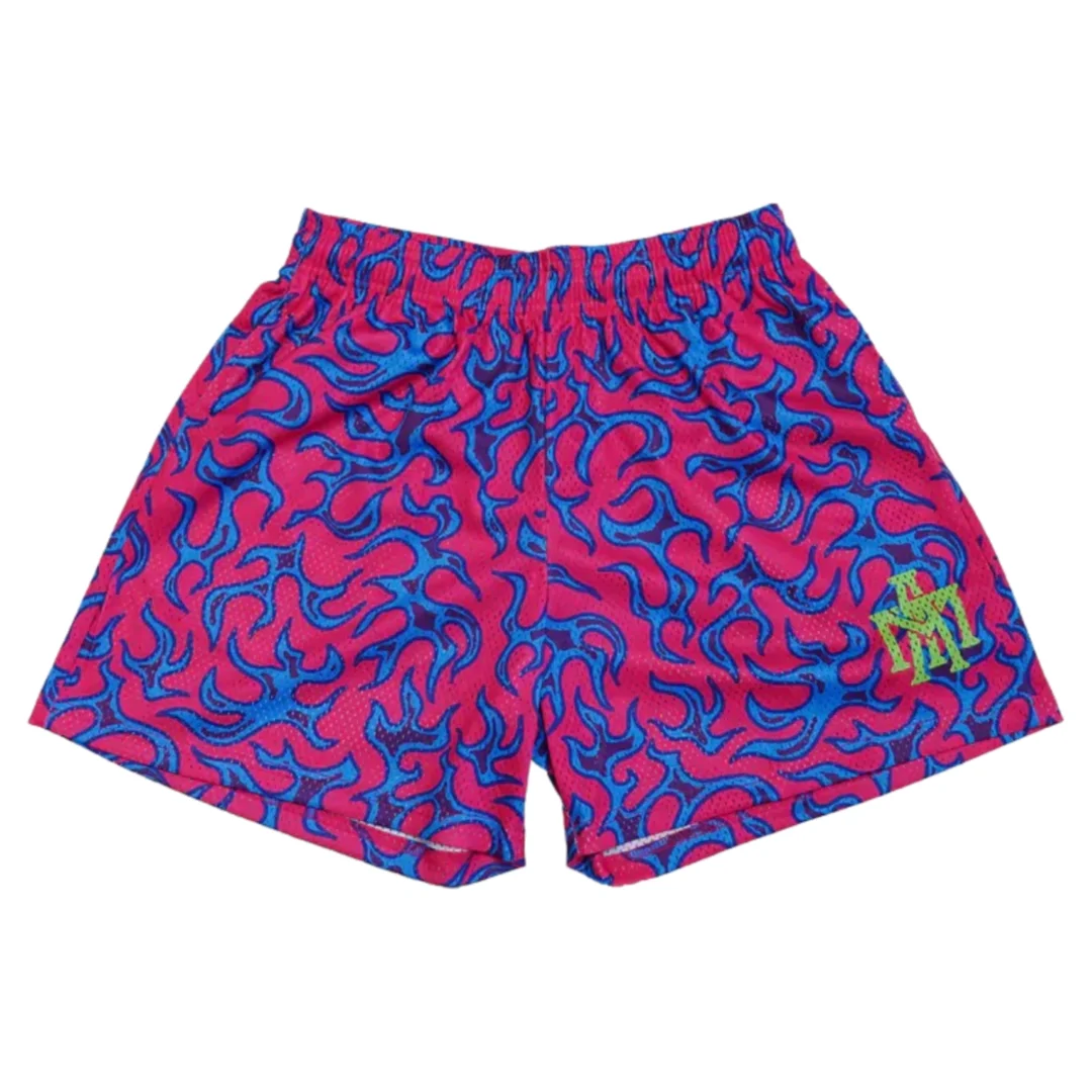 Men Flame Print Mesh Shorts Breathable Quick Dry Gym Basketball Running Hip Hop Y2K Loose Streetwear Summer Casual Moto Shorts