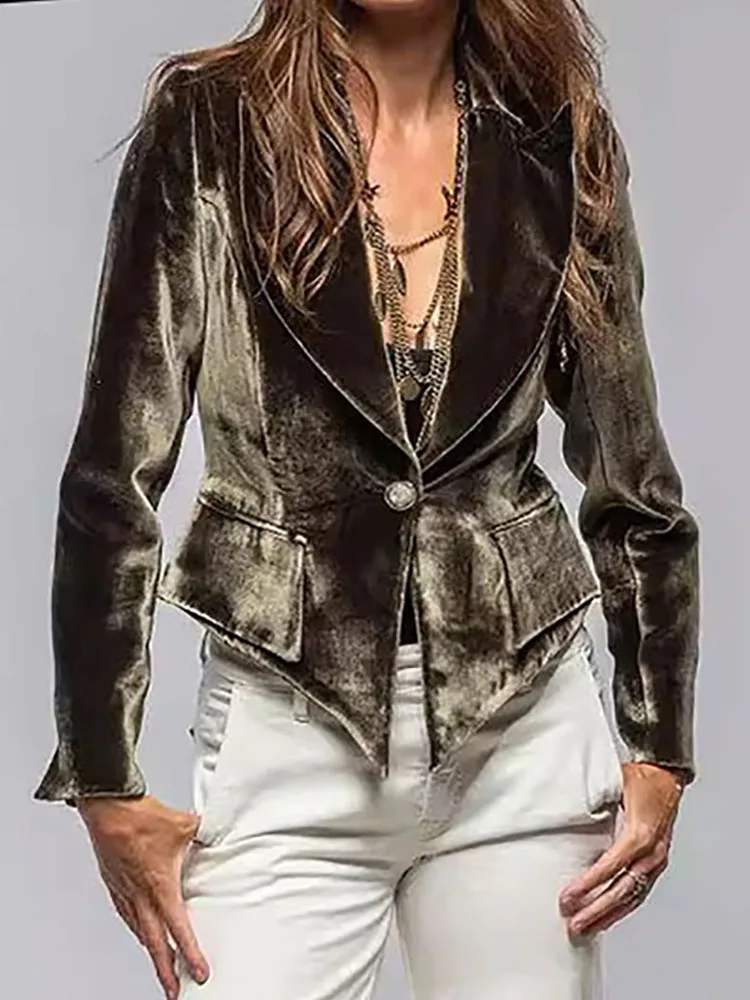 Women's Elegant Satin Velvet Single Buckle Blazer Jacket Solid Lapel Multiple Pockets Short Autumn Winter For Female Suit Jacket