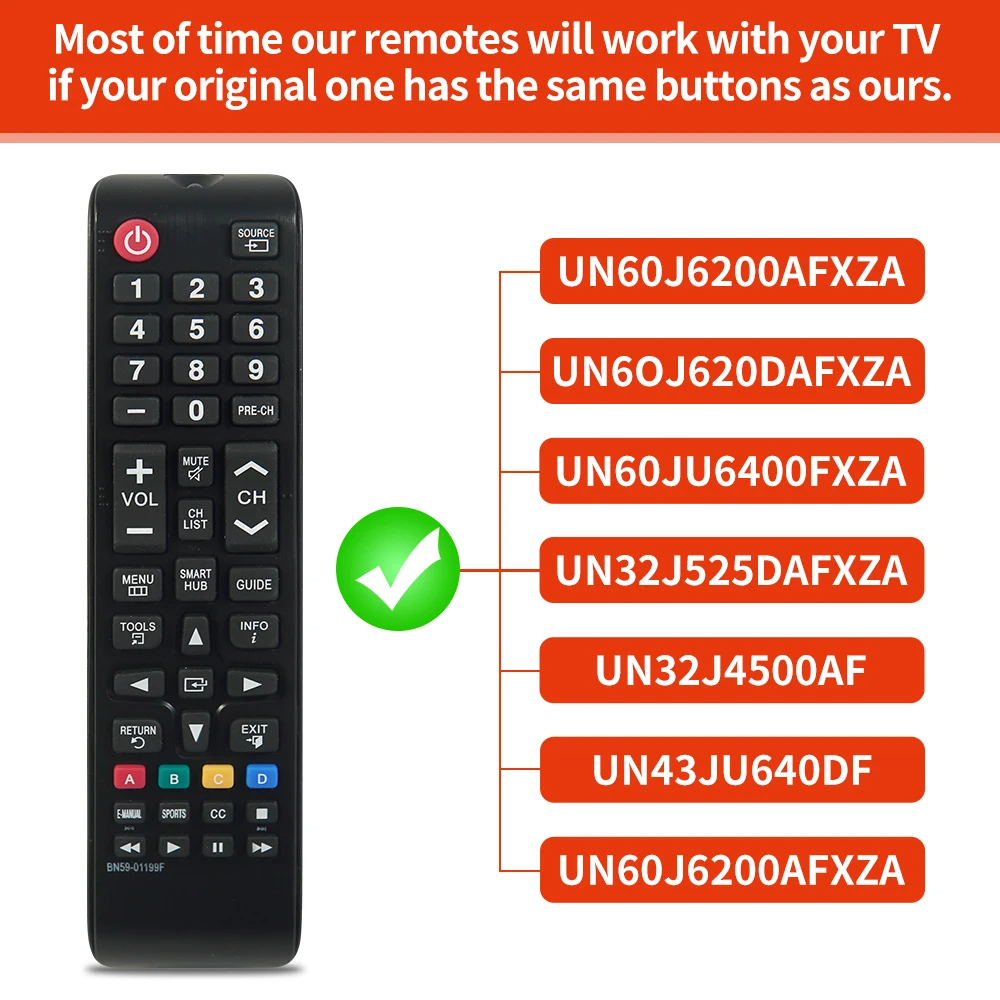 BN59-01199F Universal Remote Control For Samsung SMART TV UN32J4500AFXZA UN50J6200AFXZA UN65JU640DAFXZA UN48JU6400FXZA