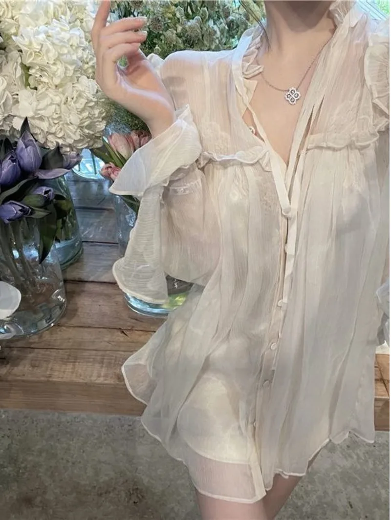 

French Gentle Auricularia Flare Sleeve Chiffon Shirt Womens Spring and Autumn 2024 New Fashion Shirt Loose Long sleeved Top 3U7U