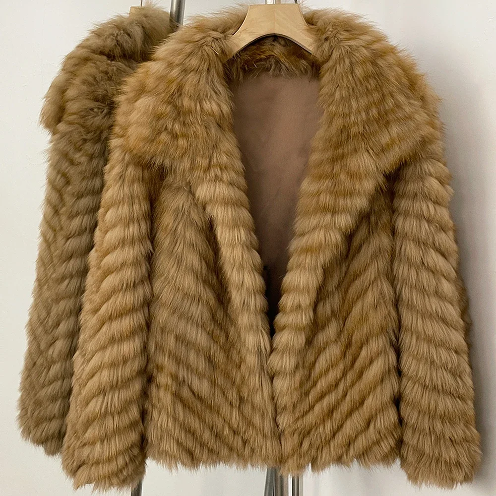 OFTBUY Neue Luxuriöse Winter-Oberbekleidung für Damen, Kurze V-förmige Gestrickte Echtfuchs-Pelzjacke, Offene Vorderseite, Flauschiger Natürlicher Pelzmantel für Damen – Detail 9