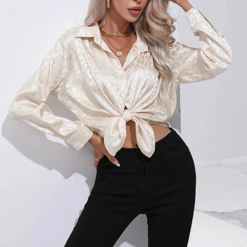 2024 Leopard Print Shirt for Women\'s Wearing Outside Spring and Autumn Turn-down Collar Long Sleeve Imitation Silk Shirts Tops