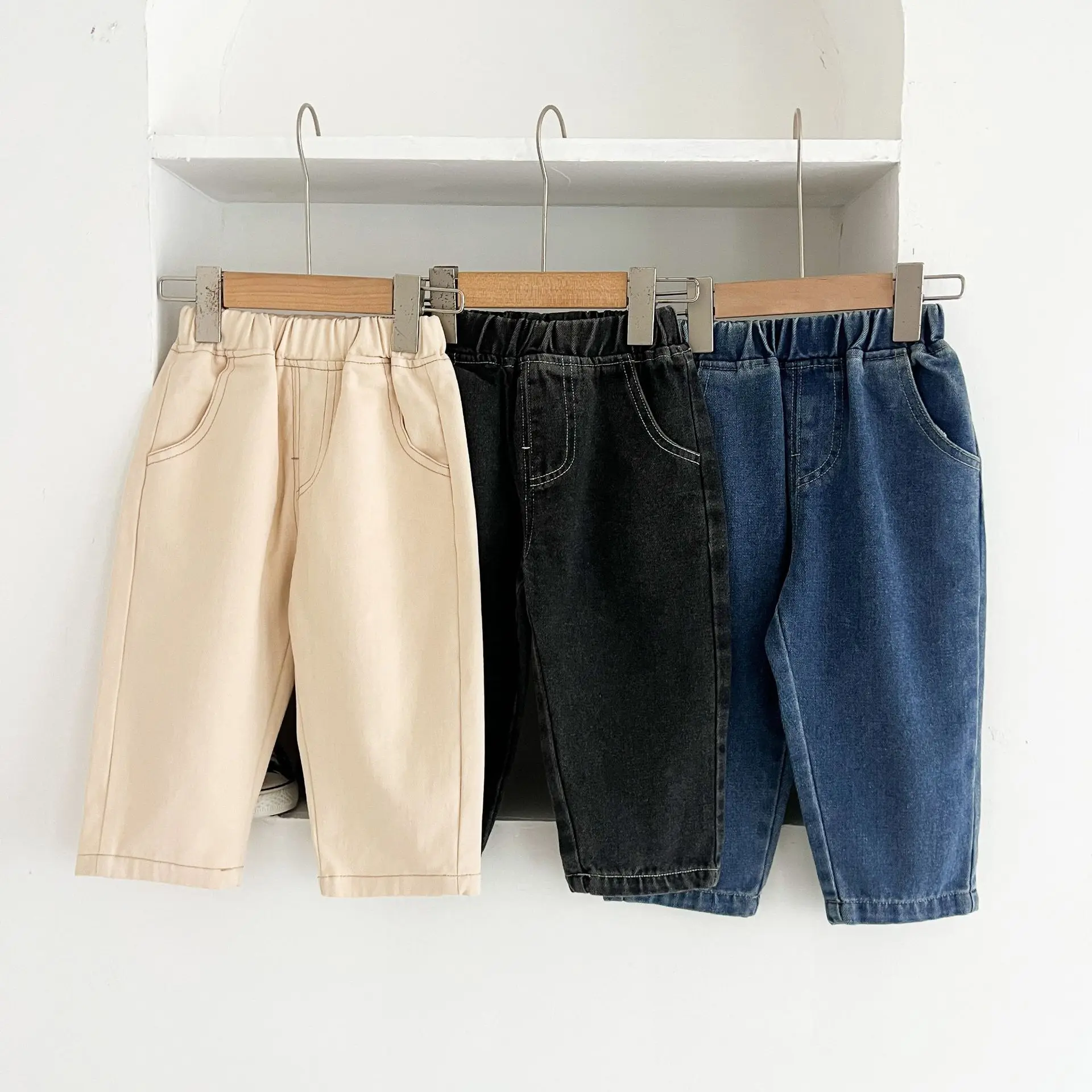 

(3-7 лет)Детские однотонные джинсы для мальчиков и девочек, брюки из чистого хлопка, весенне-осенние повседневные брюки, длинные свободные джинсовые брюки